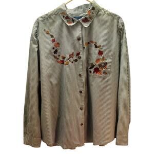 Karen Scott II Women's Striped Cotton Autumn Leaf Embroidered Button Up Shirt 2X